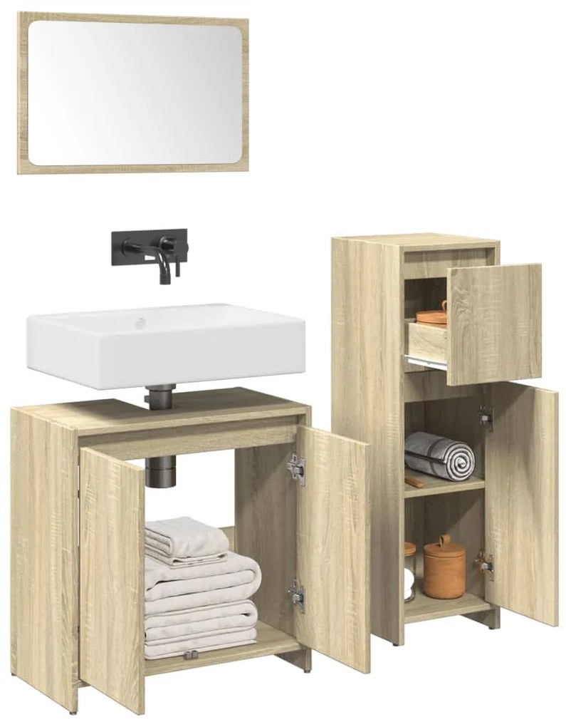 vidaXL Set mobilier de baie, 3 piese, stejar sonoma, lemn prelucrat