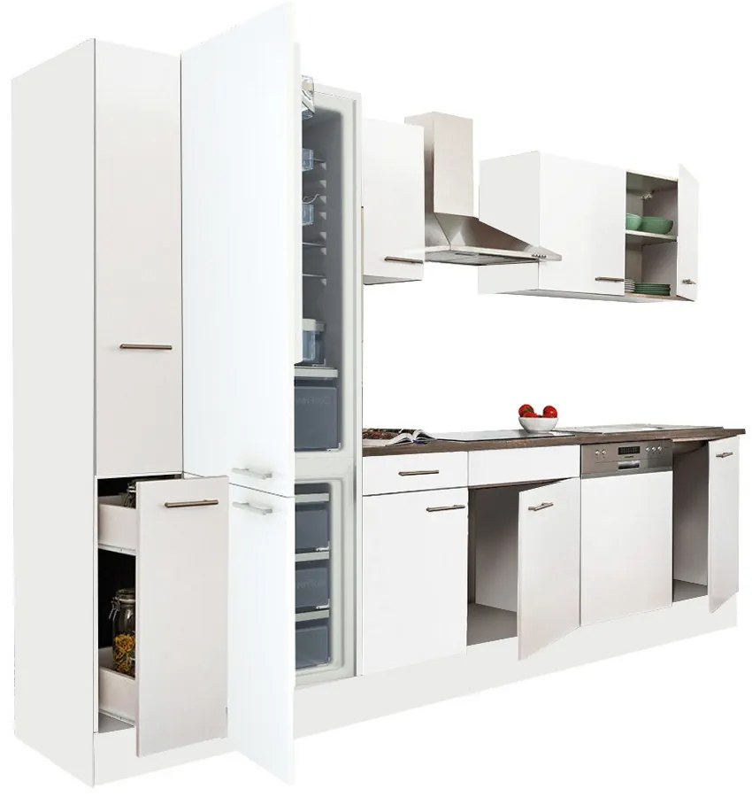 Mobilă de bucătărie Yorki 310, corp alb, față alb satinat, frigider cu congelator jos