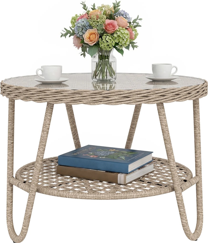 Outsunny Măsuță laterală din polyrattan, masă de cafea în 2 niveluri cu raft, blat din sticlă, picioare reglabile, 65 x 65 x 50 cm, galben | Aosom Romania