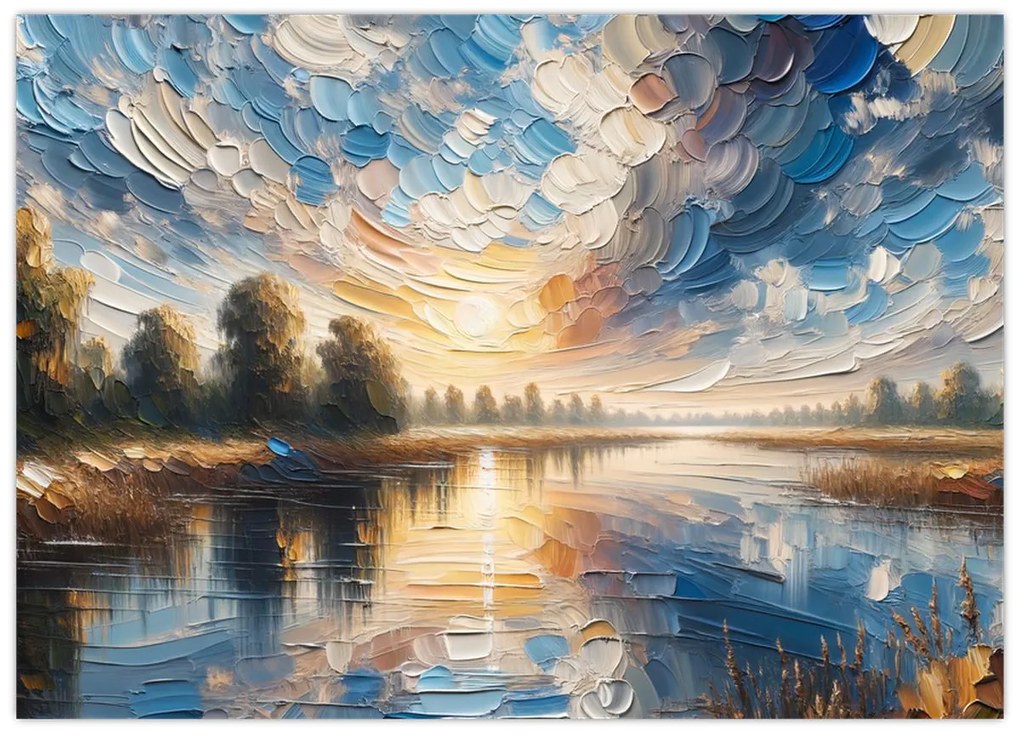 Tablou pe sticlă - Pictură cu soarele deasupra apei (70x50 cm)