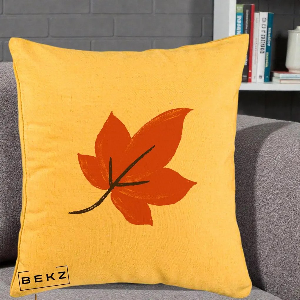 Perna Decorativa Frunza de Toamna Portocalie, 40x40 cm, Galben, Husa Detasabila, Perna Inclusa, BEKZ®