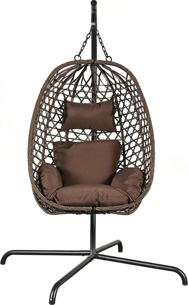 Fotoliu leagan suspendat, cu perne moi, cos pliabil, rezistente la UV, împletitură PE ratan, structură metalică, pentru interior și exterior, Maro