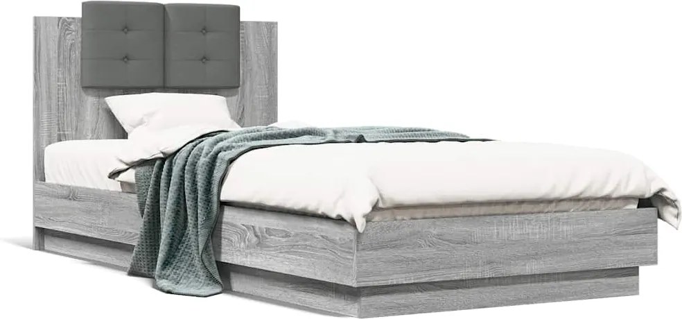 vidaXL Cadru de pat cu tăblie, gri sonoma, 90x200 cm, lemn prelucrat