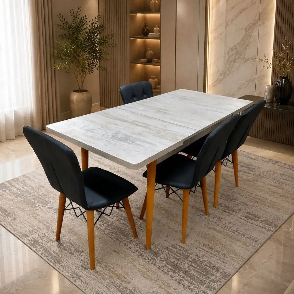 Set masa extensibila cu 4 scaune tapitate Homs cristal alb-negru 110 x 70 cm