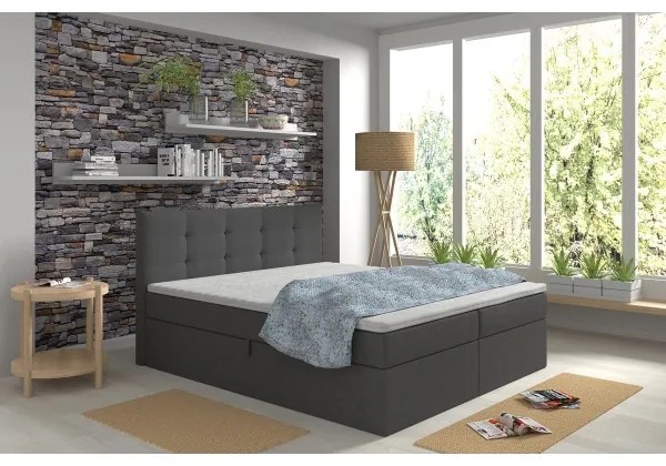 Pat tapițat EMBER 160x200 cm, cu saltele și topper, cu spațiu de depozitare, antracit