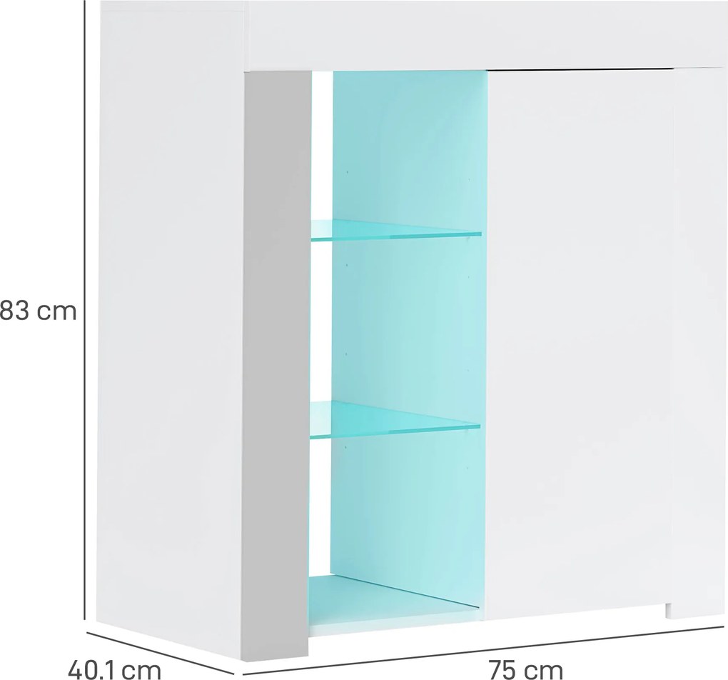 HOMCOM Dulap pentru Sufragerie cu Lumini LED, 3 Rafturi Deschise și un Dulăpior cu 2 Niveluri, 75x40,1x83 cm, Alb | Aosom Romania
