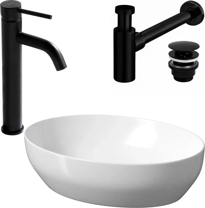 Pachet lavoar pe blat Cersanit Larga alb 50 cm, baterie lavoar Rea Lungo negru si ventil lavoar Click-Clack negru