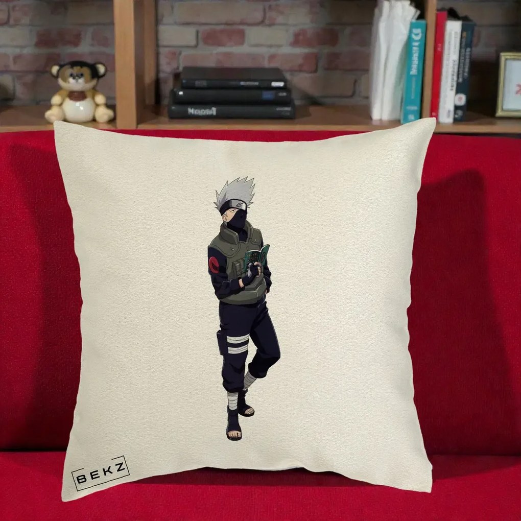Perna Personalizata Naruto Kakashi Hatake Portret Complet, 40x40 cm, Ecru, Husa Detasabila, Perna Inclusa, BEKZ®