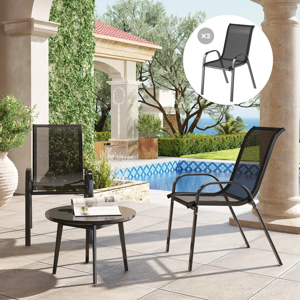 Outsunny Set de 2 Scaune de Prânz pentru Exterior, Scaune Suprapozabile cu Spătar Înalt, Șezut Respirabil pentru Grădină, Verandă, Negru | Aosom Romania