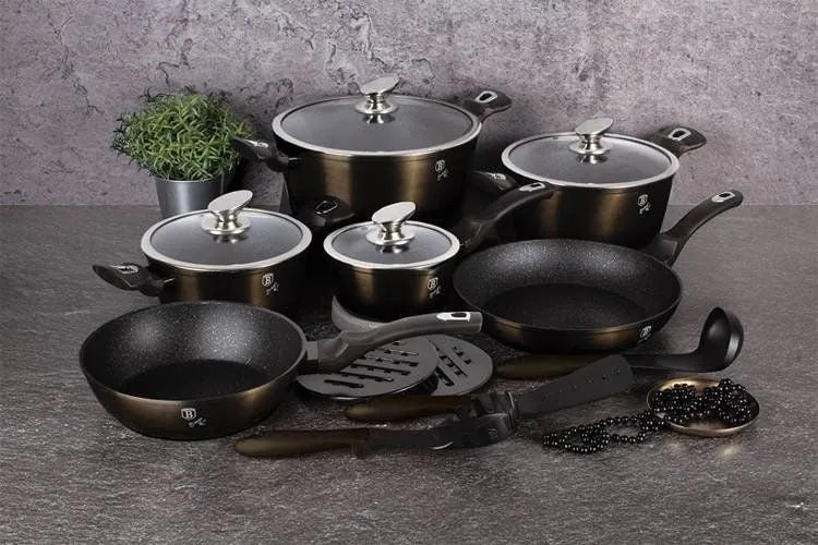 Set oale si tigai marmorate cu capace, antiaderente, 18 piese Shiny Black Berlinger Haus BH 6614, functioneaza si pe inductie