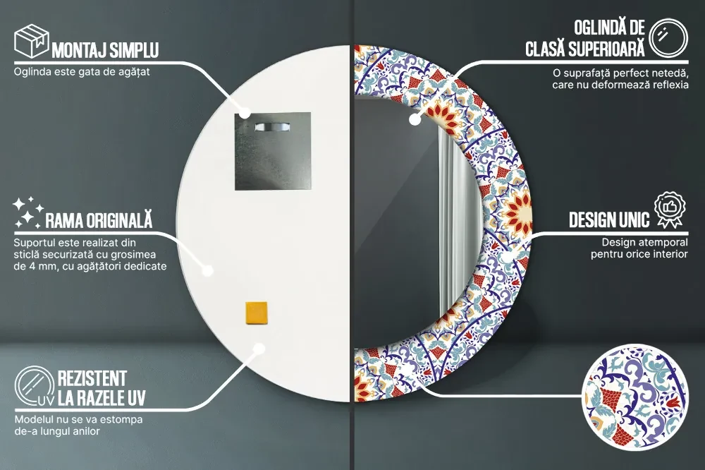 Oglinda rotunda imprimata Compoziție colorată orientală