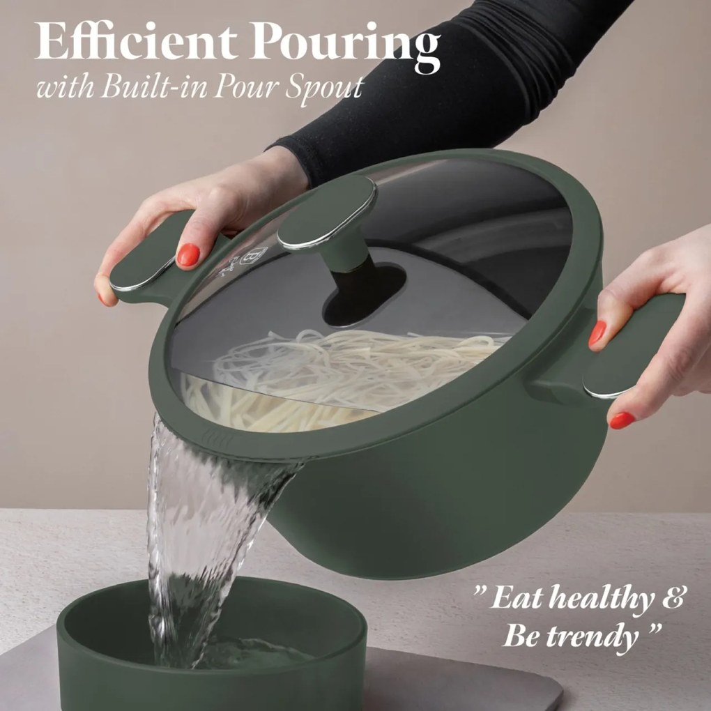 Oala antiaderenta cu capac, 4.1L, 24 cm Green Matte Collection Berlinger Haus BH 8201, interior titan, design modern