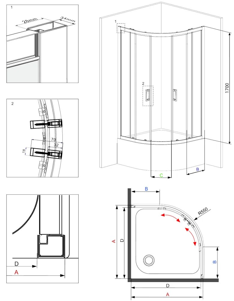 Cabina dus semirotunda 80x80 cm, sticla brumata cu 2 usi culisante, Deante Funkia 800x800 mm