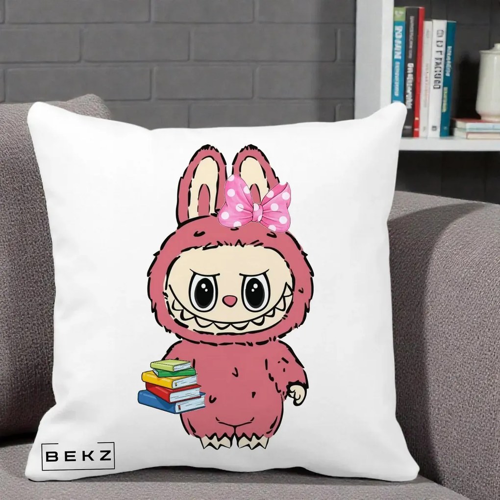 Perna Personalizata Labubu Roz cu Funda si Carti, 40x40 cm, Alba Mata, Husa Detasabila, Perna Inclusa, BEKZ®
