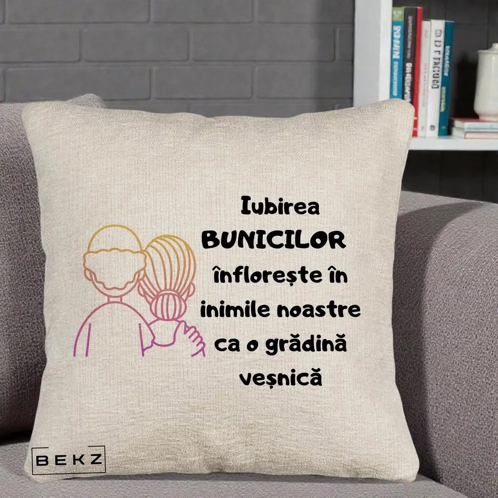 Cadou pentru Bunici - Perna Personalizata Iubirea Bunicilor Infloreste Cuplu Line Art Gradient, 40x40 cm, Bej Canapea, Husa Detasabila, Perna Inclusa, BEKZ®