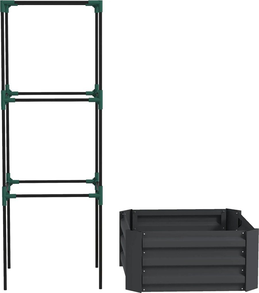 Outsunny Pat înălţat cu spalier cutie de plantare cu suport, fund deschis, rezistent la intemperii, 61 cm x 61 cm x 140 cm, Gri închis | Aosom Romania