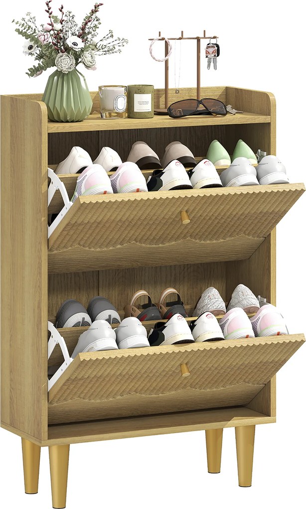 HOMCOM Dulap pentru încălțăminte 12 perechi, dulap îngust pentru încălțăminte, 2 sertare rabatabile polițe reglabile, 60x24x92cm, stejar | Aosom Romania