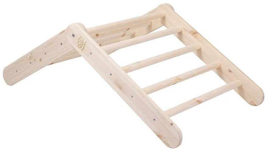 Triunghi Pikler de cățărat albastru deschis/în culoare naturală din lemn de pin 61x60x60 cm Montessori – Meowbaby