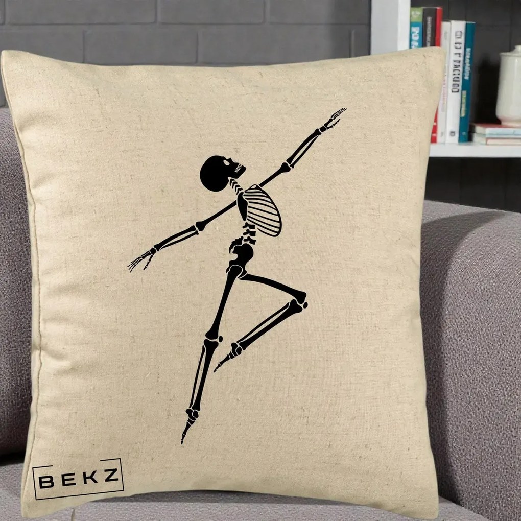 Perna Decorativa Schelet Dansator Silueta Neagra Halloween, 40x40 cm, Bej, Husa Detasabila, Perna Inclusa, BEKZ®