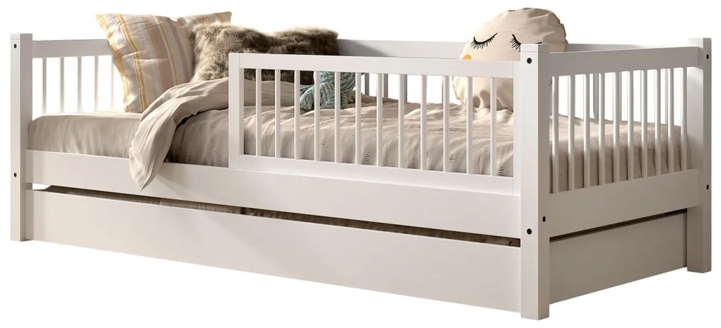 Set Pat Cabină Forrest Beech pentru Camera Copii, 90x200 cm, cu Sertar Pat și Barieră de Siguranță, din Lemn Masiv de Fag, Alb – Vipack