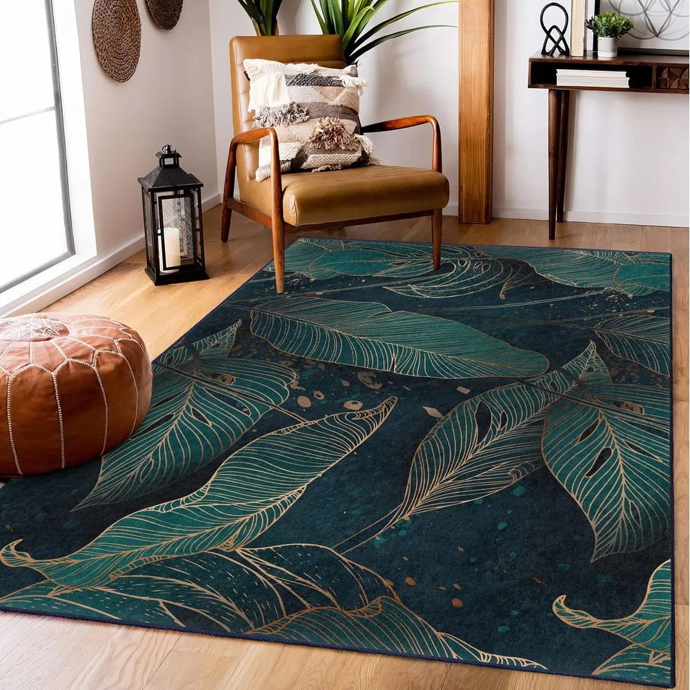 Covor tip traversă culoare petrol lavabil 80x200 cm Midnight Jungle – Mila Home