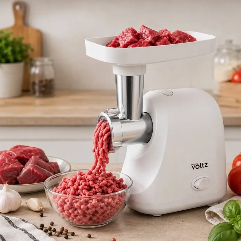 Masina de tocat carne Oliver Voltz OV51991G, 800 W, Functie de inversare, Accesoriu pentru roșii, Accesorii de 5 și 7 mm, Otel inoxidabil, Alb