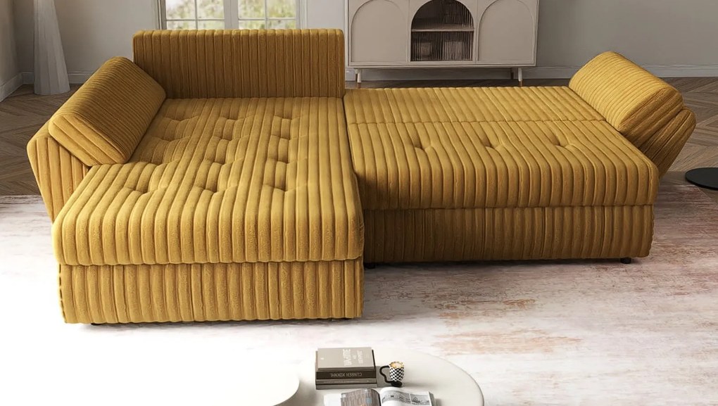 Colțar extensibil dumonde cu ladă de depozitare si sezut confortabil din spuma high-density, Loana Ambience Mustar 270x185 cm