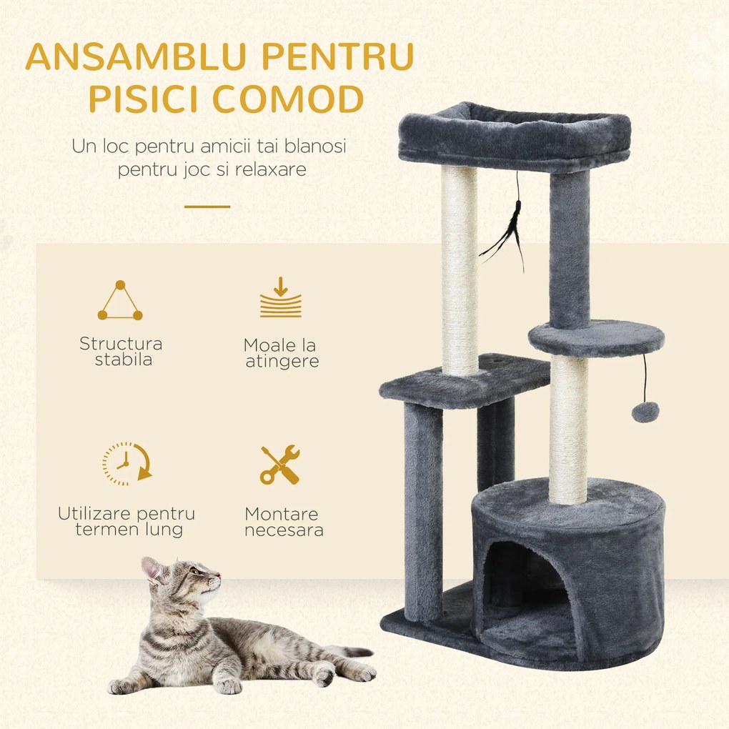 Ansamblu Multinivel PawHut pentru Pisici, Stâlpi de Zgâriat în Sisal, Material Ecologic, 147cm | Aosom Romania