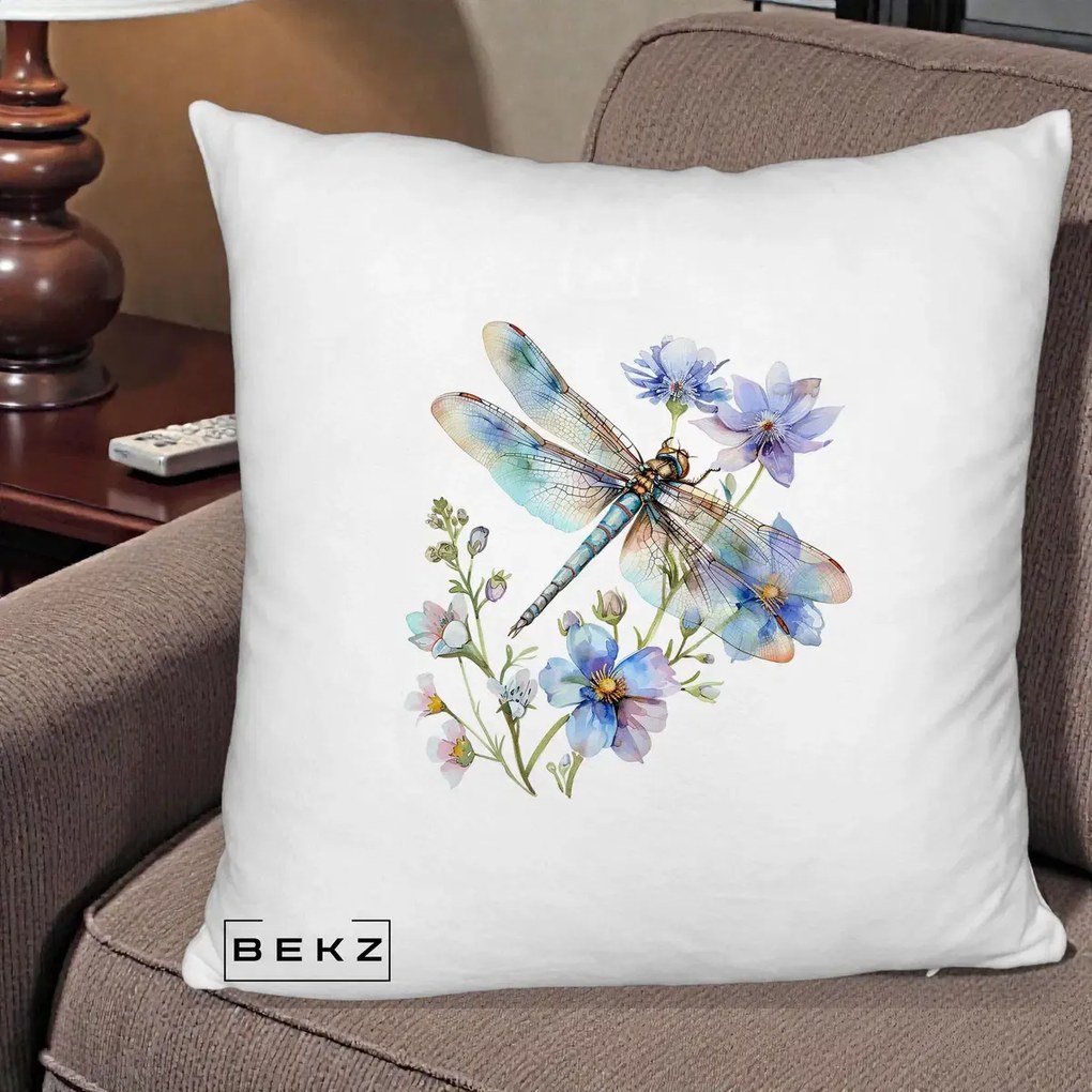 Perna Decorativa Libelula Acuarela Flori Albastre, 40x40 cm, Alb Pufos, Husa Detasabila, Perna Inclusa, BEKZ®