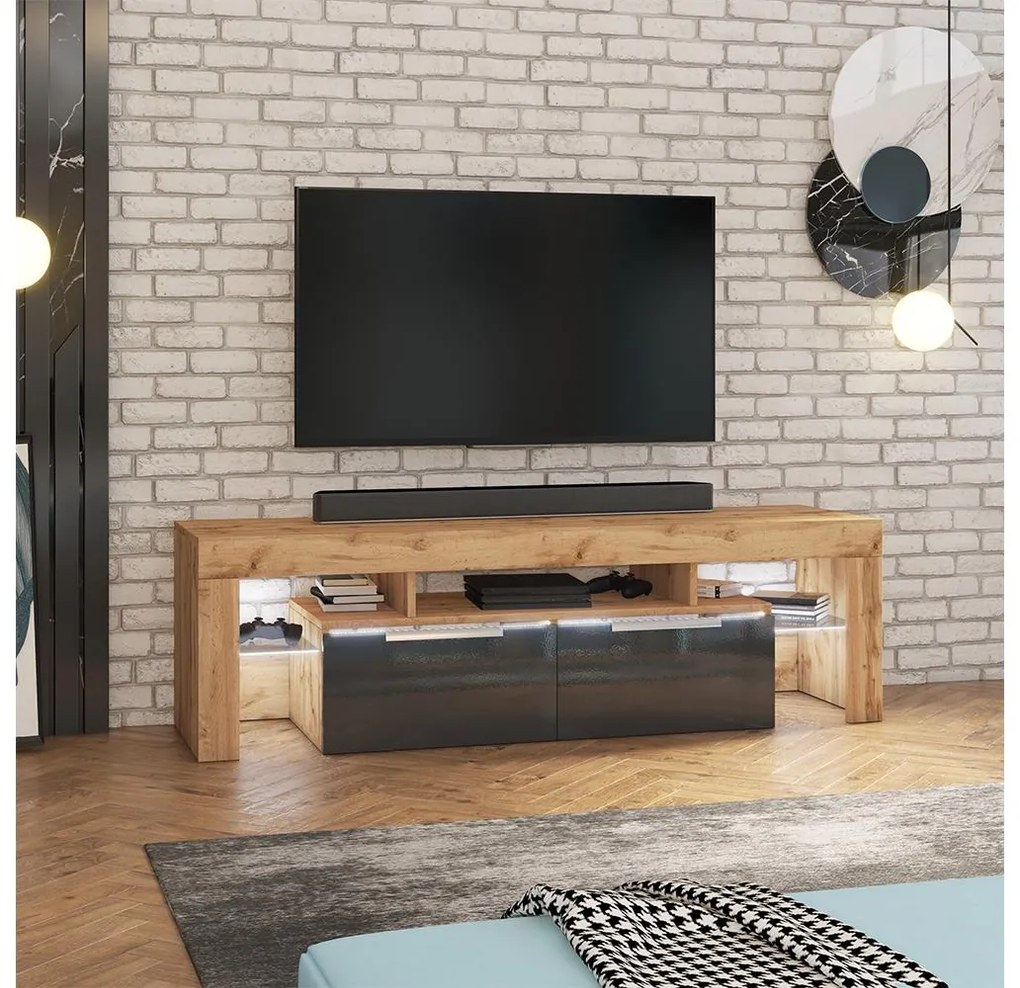 Dulap TV Vulcano (stejar lancaster + negru). 1098696
