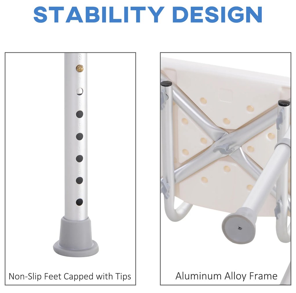 HOMCOM Scaun de Duș Antiderapant cu Spătar și Înălțime Reglabilă pe 8 Poziții, 50,6x43x71-88 cm, Alb | Aosom Romania