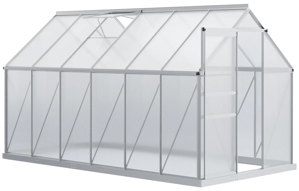 Outsunny Seră de Grădină din Policarbonat 7,1 m² dim. 1,9L x 3,75l x 1,99 m cu Fundație, Fereastră de Ventilație Reglabilă, Ușă Glisantă - Argintiu și Transparent | Aosom Romania