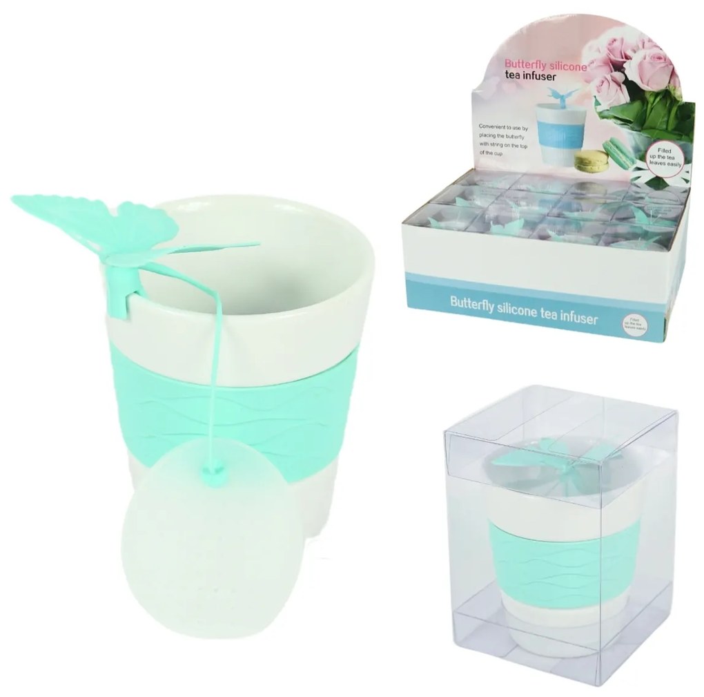 Cana din portelan SILICONE BUTTERFLY cu infuzor de ceai 280 ml, verde