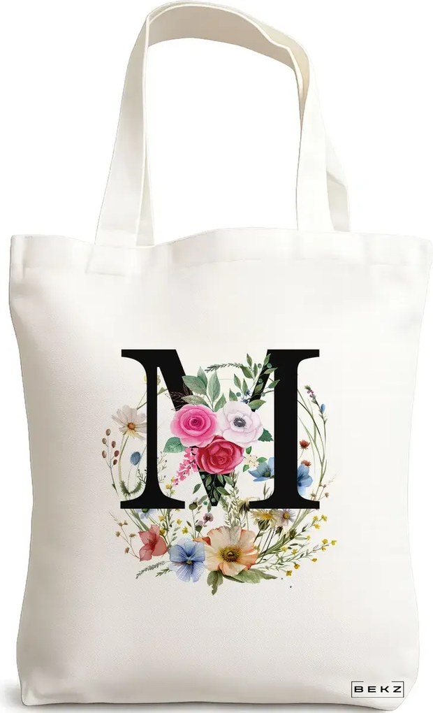 Sacosa de Panza pentru Cumparaturi, Geanta Tote, Cu litera M in Coronita Florala, 38x34.5 cm, Alba, BEKZ®