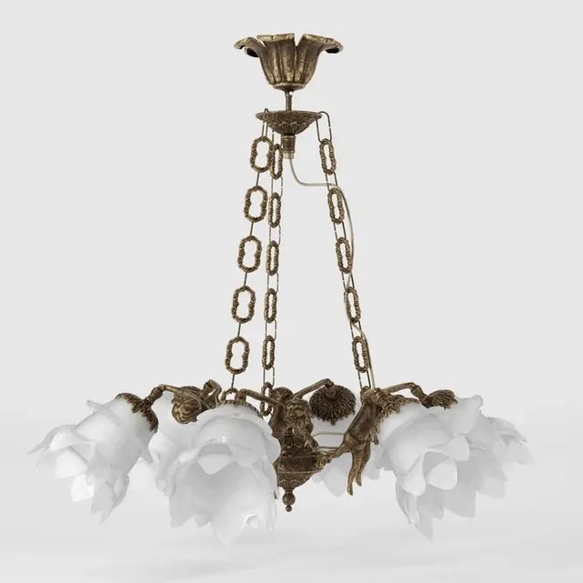 Candelabru 6 brate din alama cu abajur din sticla Putti