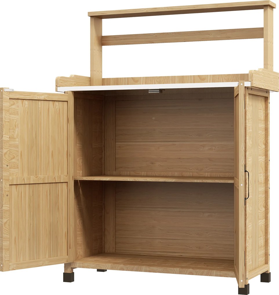 Outsunny Masa de repicare masa de grădinărit cu dulap și rafturi și blat pietre antidrapante din lemn de brad galben | Aosom Romania