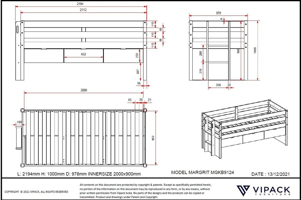Set MARGRIT format dintr-un Pat copii cabină (90 x 200 cm) cu 3 sertare și un sertar de Pat copii.
