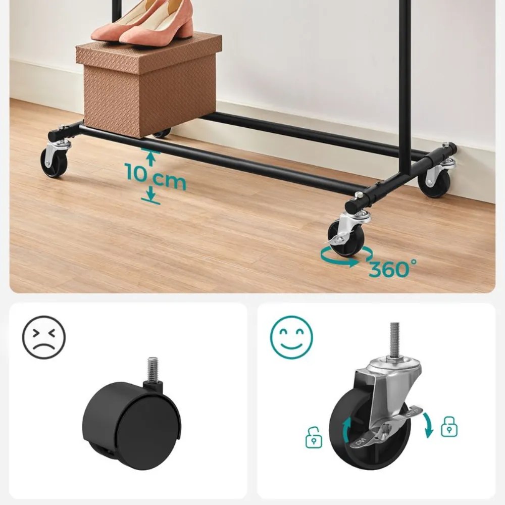 SongmicsHome Suport pentru haine INEZ cu roți, max.90kg, 83,5x45x160cm, negru