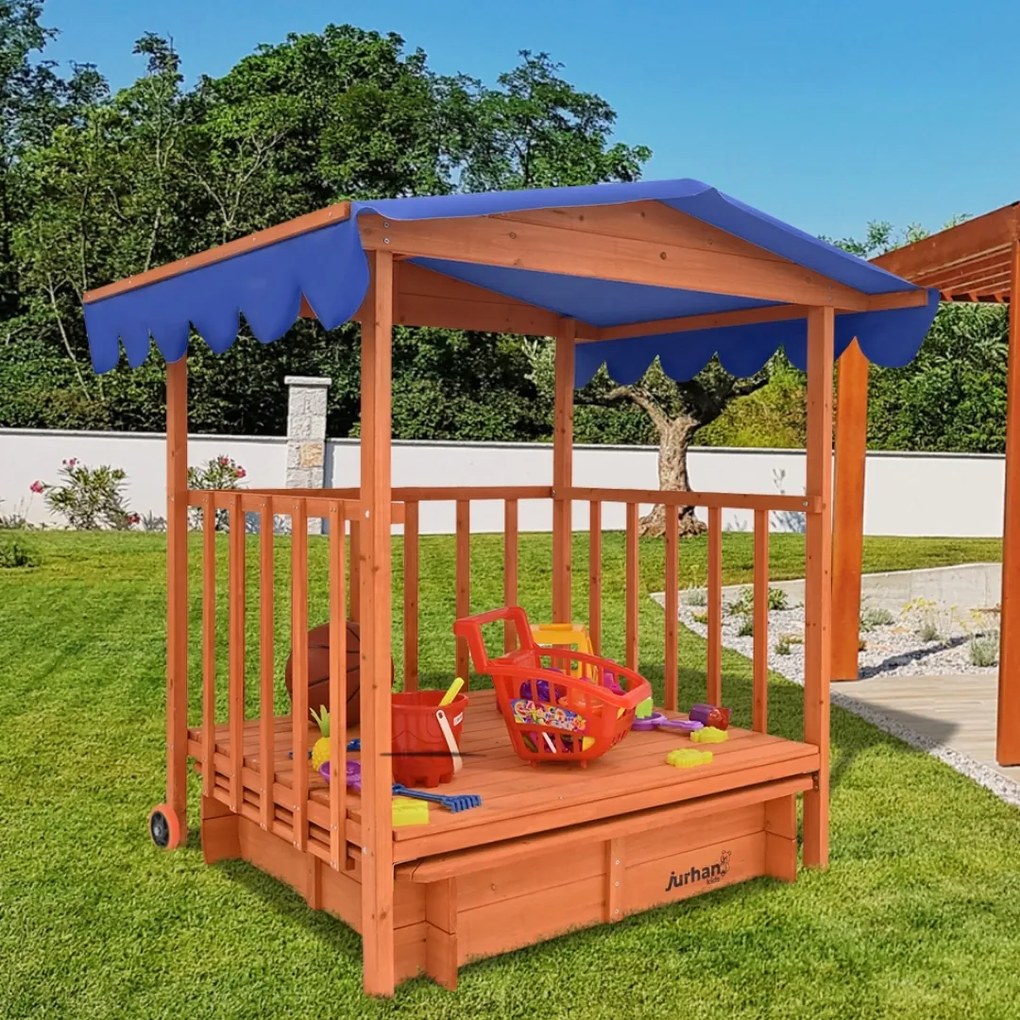 Groapa cu nisip cu verandă HAPPY, 130x130x143cm, maro/albastru Jurhan