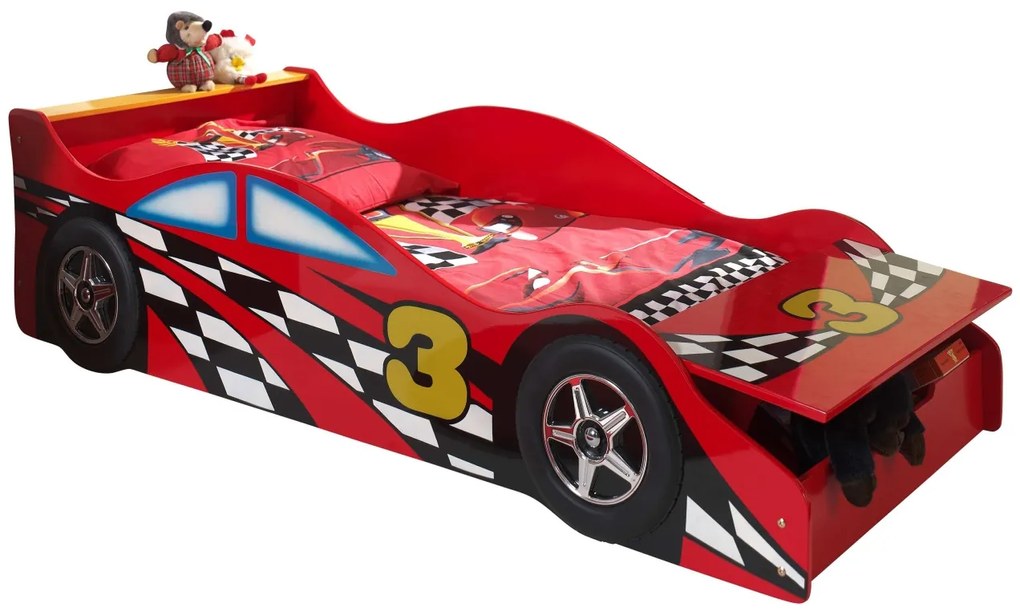 Pat Junior Mașină de Curse Auto, 70x140 cm, Roșu (MDF), cu Saltea Inclusă – Vipack
