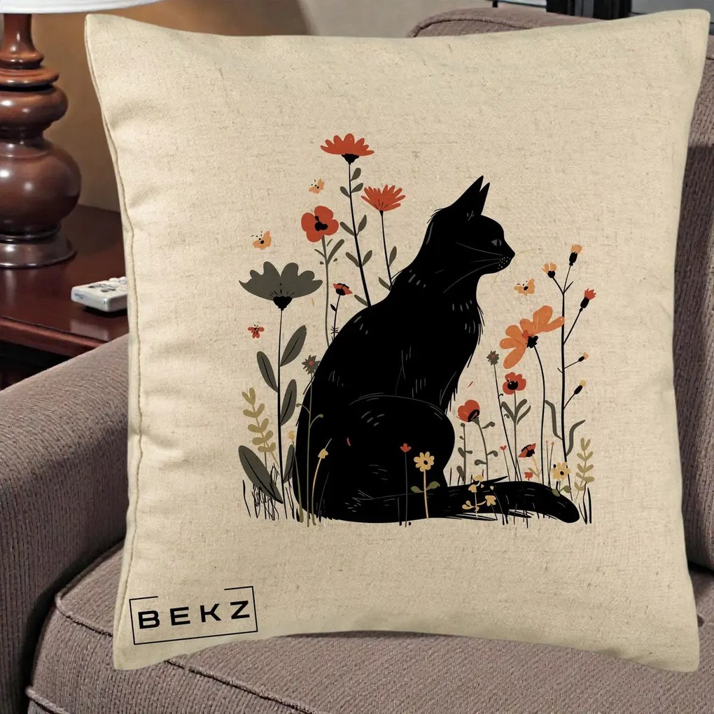 Perna Decorativa Pisica Neagra Profil Flori Portocalii, 40x40 cm, Bej, Husa Detasabila, Perna Inclusa, BEKZ®