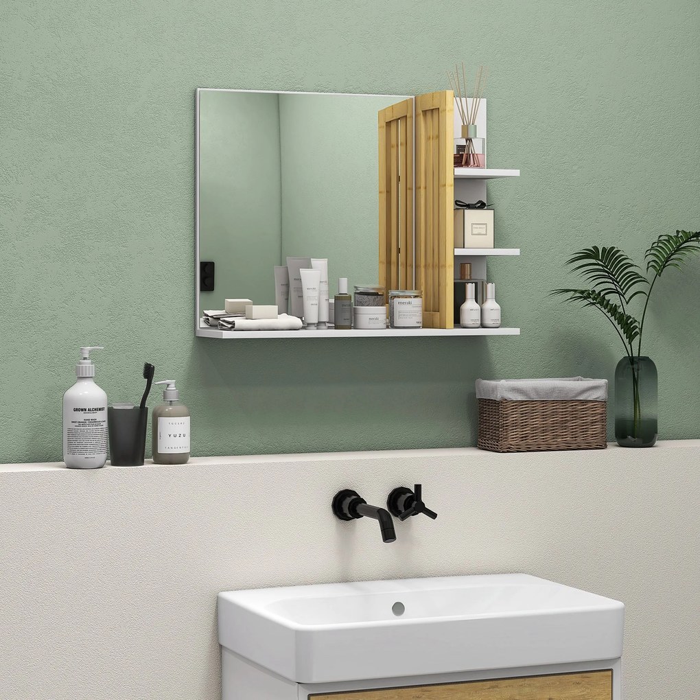 HOMCOM Oglindă Modernă de Baie Suspendată din Lemn cu 4 Rafturi, 45x15x58.5 cm, Alb | Aosom Romania