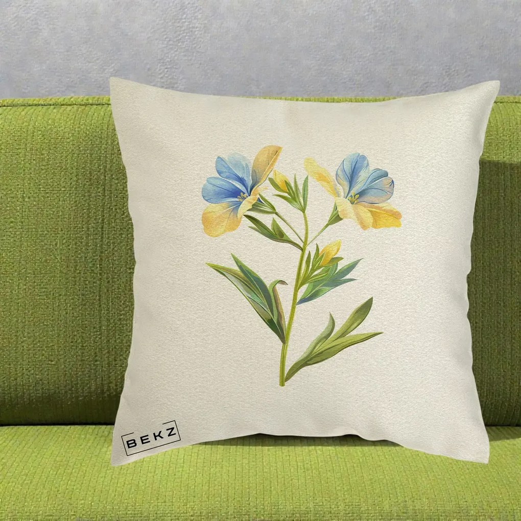 Perna Decorativa Botanica Frezie Galbena si Albastra, 40x40 cm, Ecru, Husa Detasabila, Perna Inclusa, BEKZ®