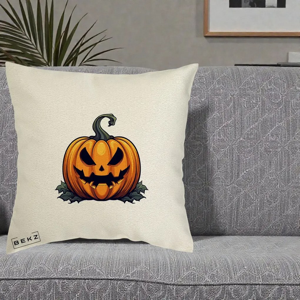 Perna Decorativa Halloween Jack-o'-Lantern Infricosator, 40x40 cm, Ecru, Husa Detasabila, Perna Inclusa, BEKZ®