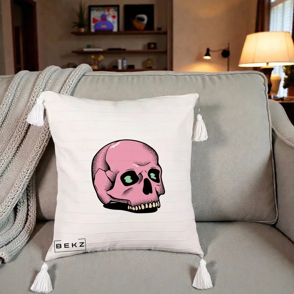 Perna Decorativa Craniu Roz Tatoo Art Halloween, 40x40 cm, Bej cu Franjuri, Husa Detasabila, Perna Inclusa, BEKZ®
