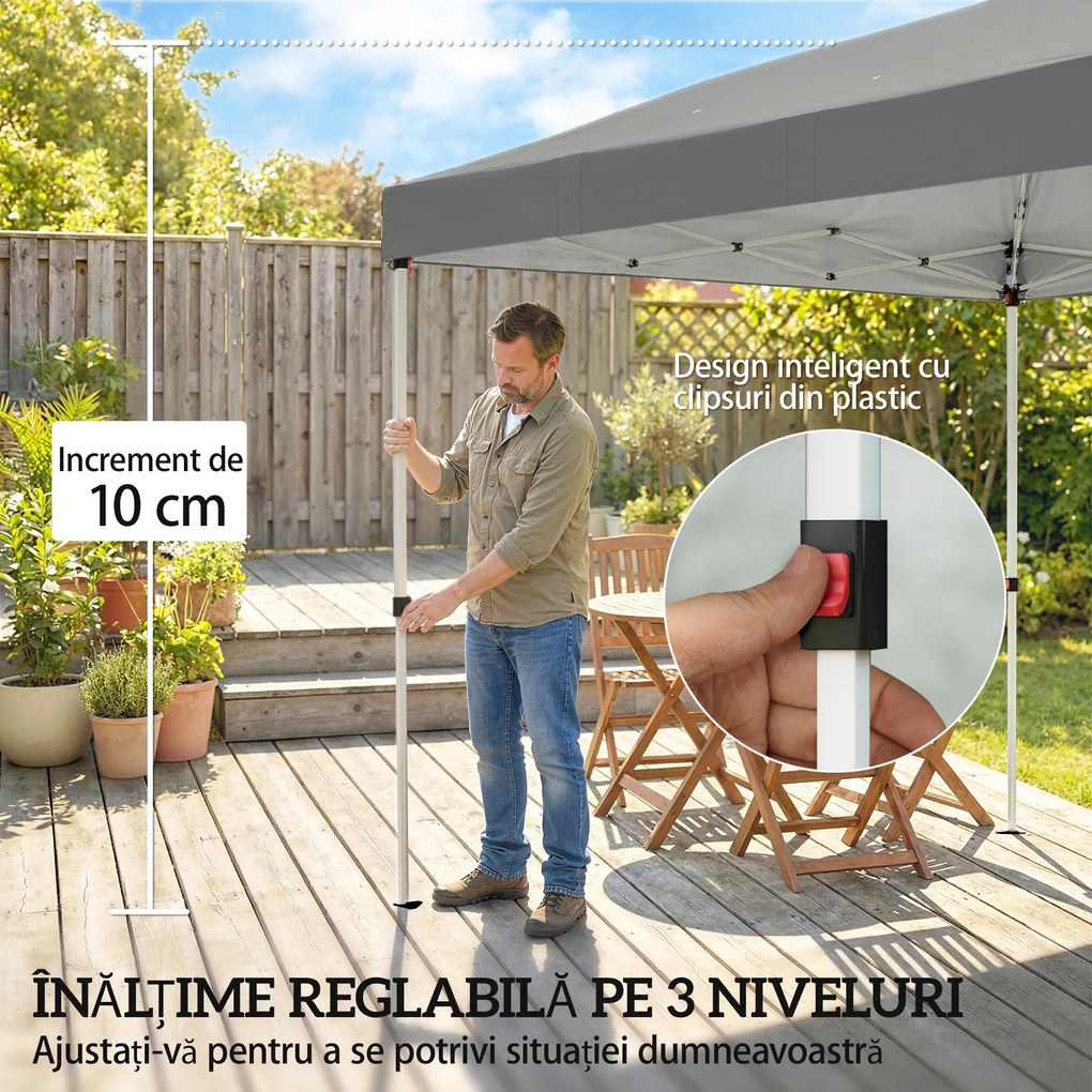 Outsunny Foișor Pliabil 3x6m Pop-Up cu 6 Pereți Laterali, Foișor de Grădină Reglabil pe Înălțime cu Saci de Nisip, Geantă cu Roți, UV50+ pentru Exterior, Gri Închis | Aosom Romania