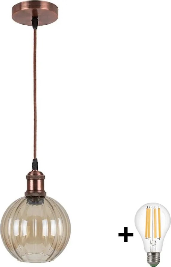 Brilagi-LED Lustru suspendat pe cablu R GLASS 1xE27/60W/230V Ø 18 cm cupru/maro fumuriu