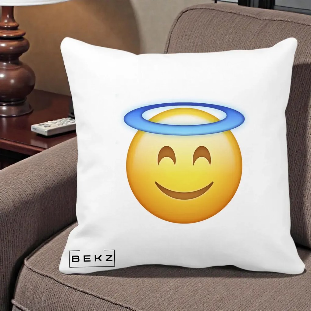 Perna Decorativa Emoji Inger cu Aureola, 40x40 cm, Alba Mata, Husa Detasabila, Perna Inclusa, BEKZ®