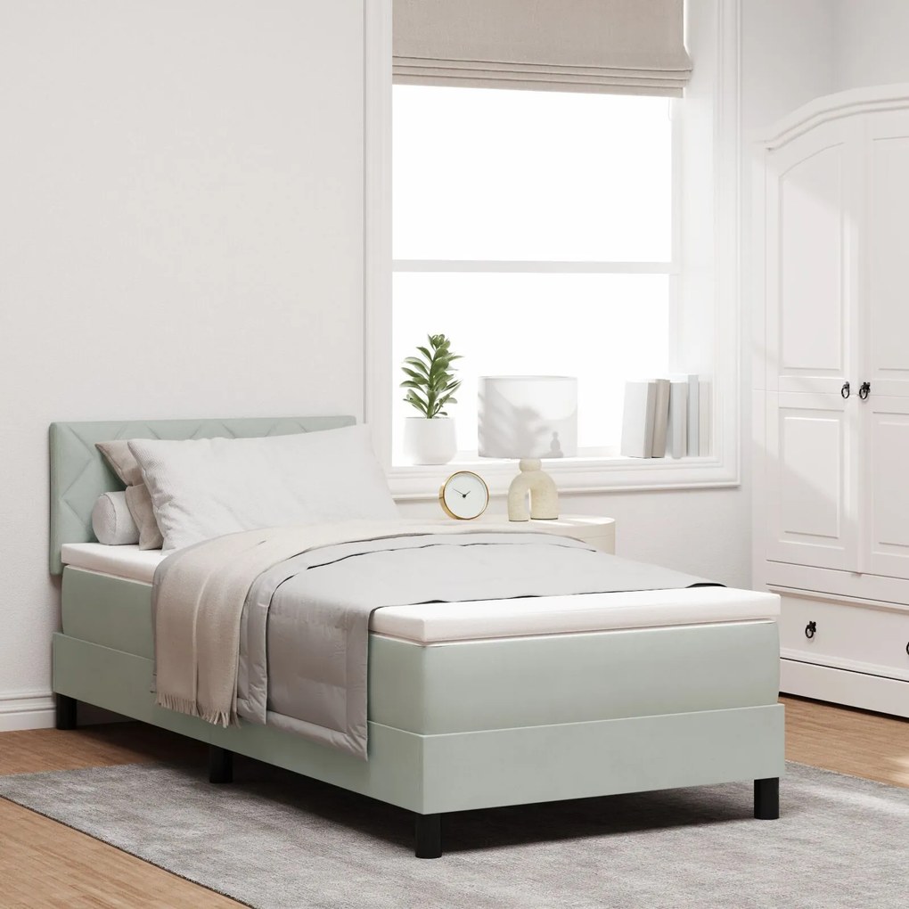 vidaXL Pat box spring cu saltea, gri deschis, single, catifea