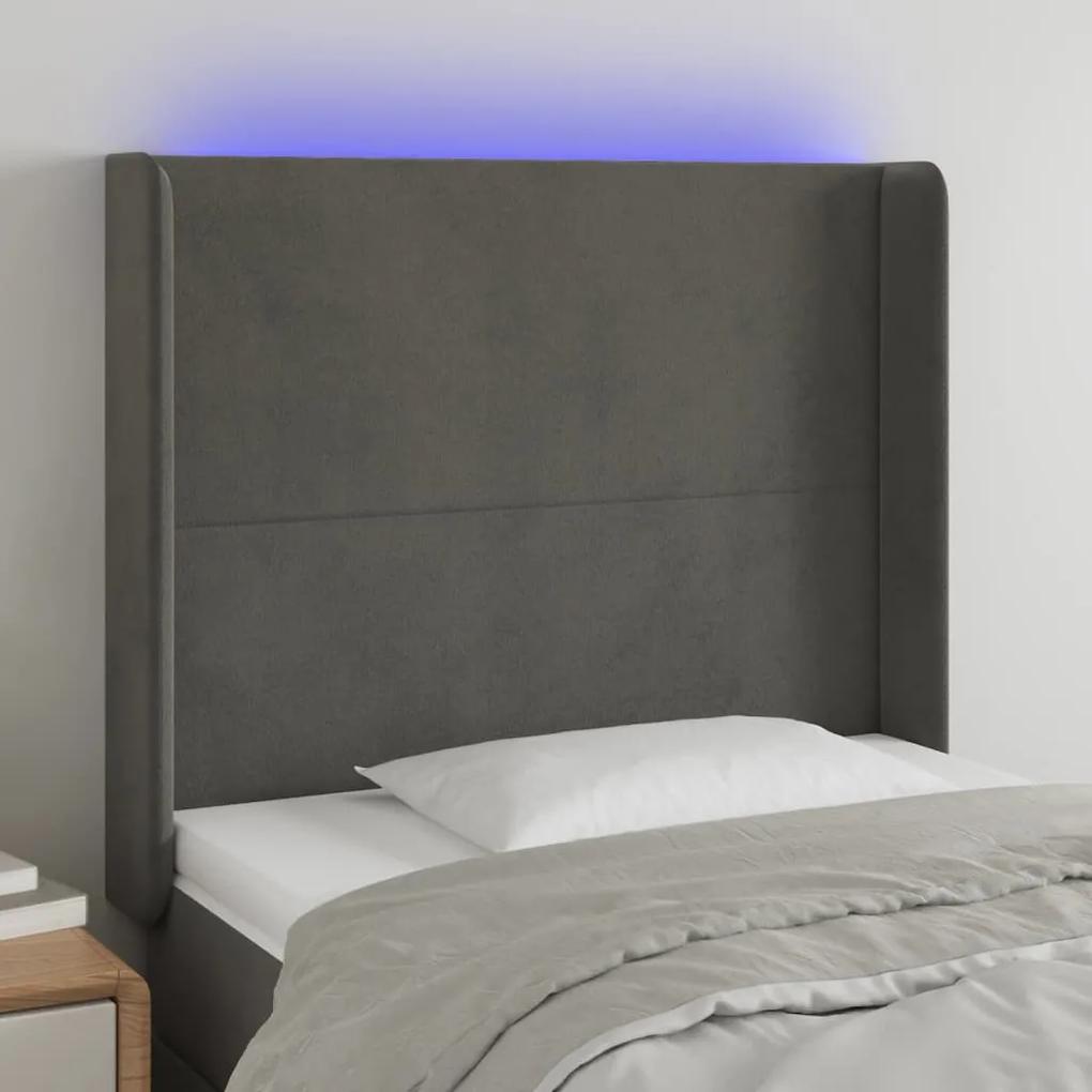 3123811 vidaXL Tăblie de pat cu LED, gri închis, 103x16x118/128 cm, catifea